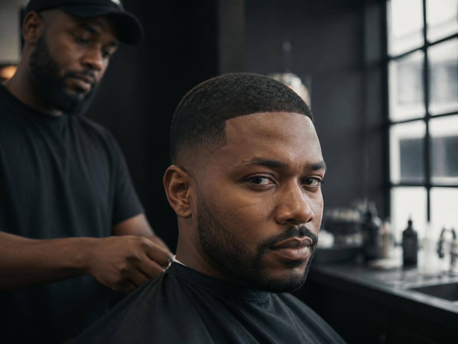 Client seeing a precise new haircut in the barber chair