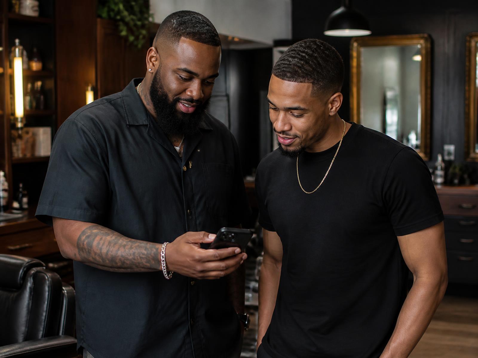 Barber and client choosing a haircut together