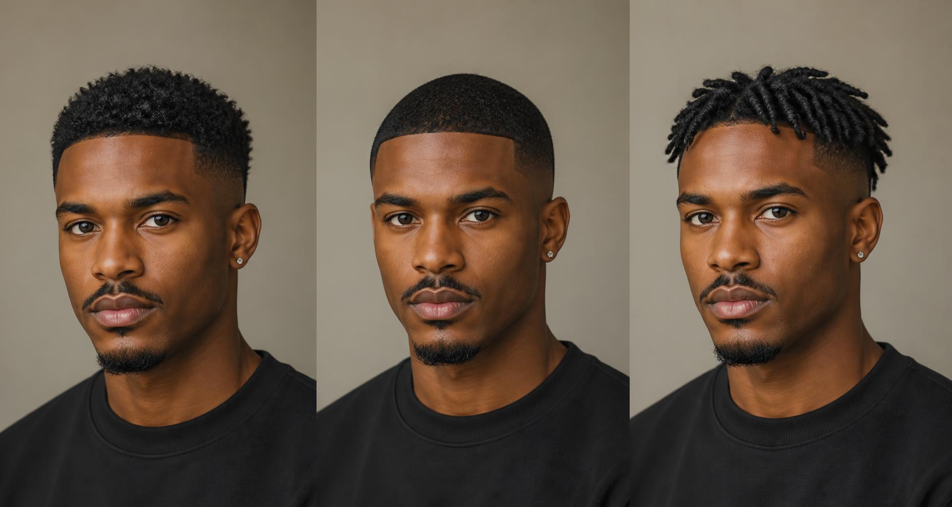 The same client previewing a textured taper, buzz cut, and short twists